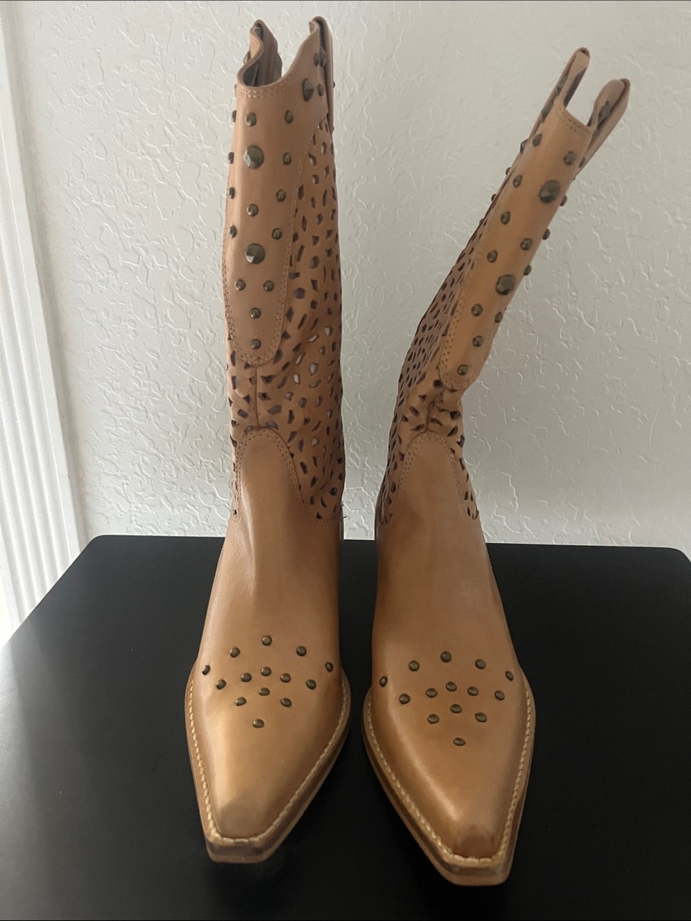 Studded Tan Western Pointed-Heel Boots